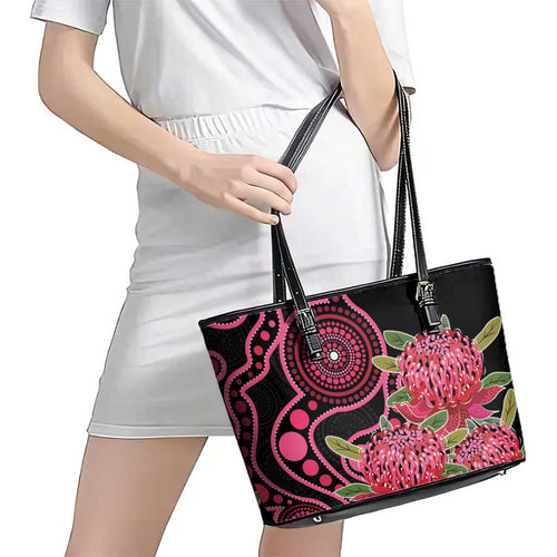 Australia Waratah Leather Tote Bag Telopea Aussie Native Flowers Indigenous Art - Aussie Hoodie