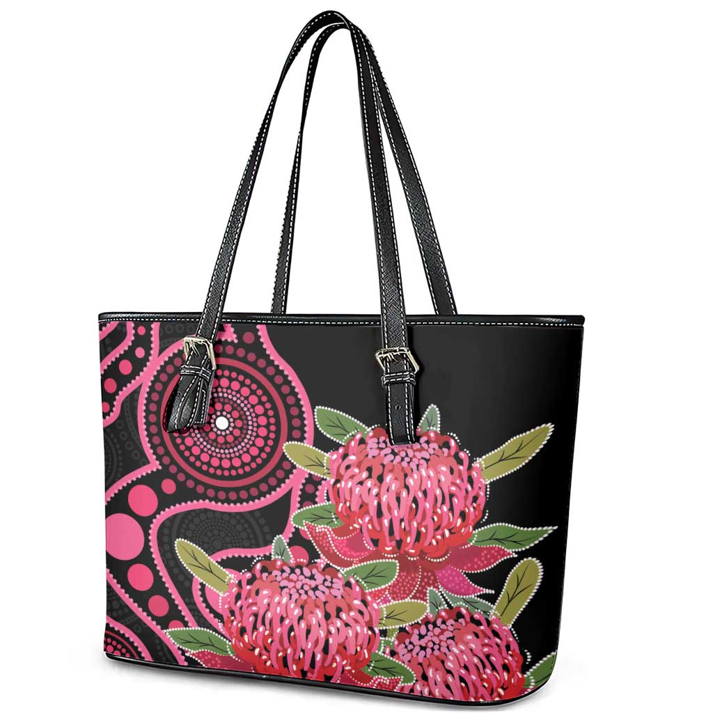 Australia Waratah Leather Tote Bag Telopea Aussie Native Flowers Indigenous Art - Aussie Hoodie