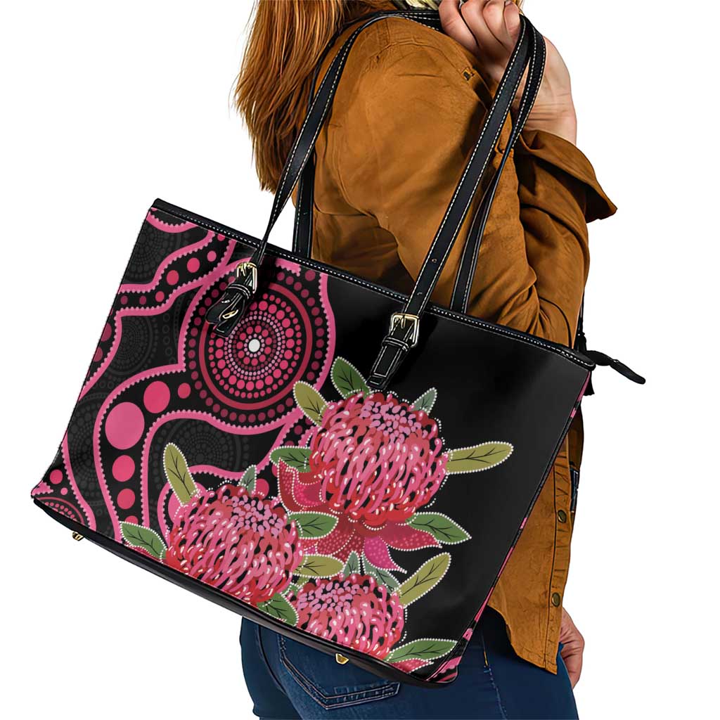 Australia Waratah Leather Tote Bag Telopea Aussie Native Flowers Indigenous Art - Aussie Hoodie