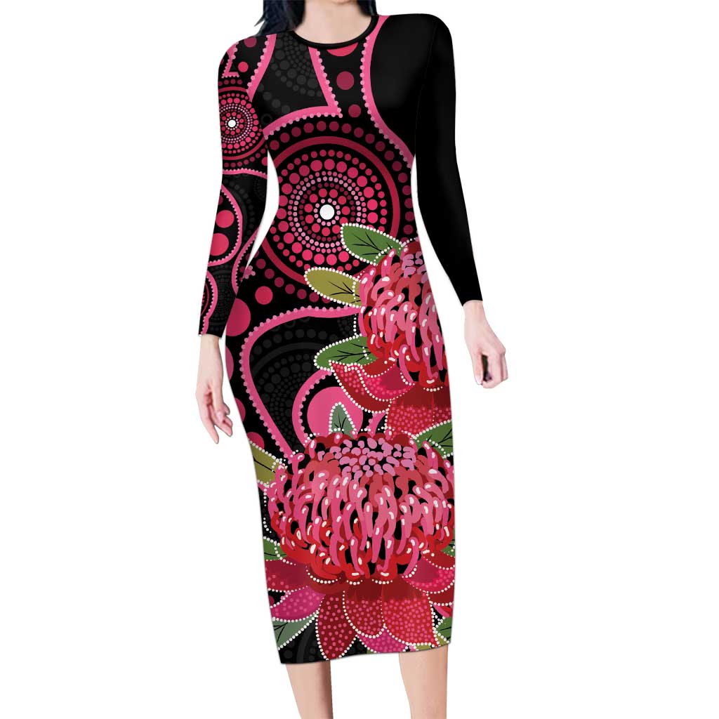 Australia Waratah Long Sleeve Bodycon Dress Telopea Aussie Native Flowers Indigenous Art - Aussie Hoodie