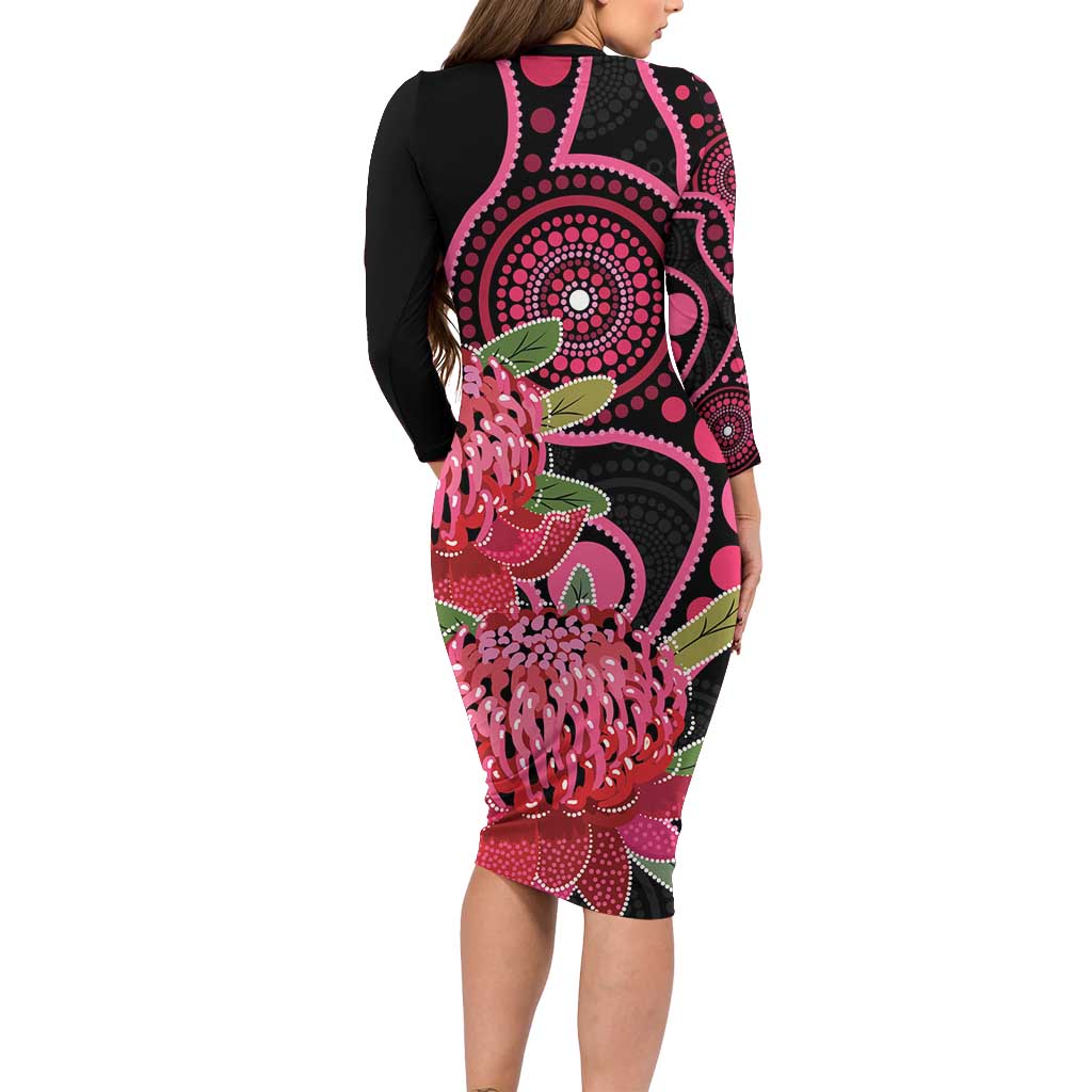 Australia Waratah Long Sleeve Bodycon Dress Telopea Aussie Native Flowers Indigenous Art - Aussie Hoodie