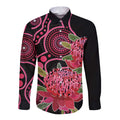 Australia Waratah Long Sleeve Button Shirt Telopea Aussie Native Flowers Indigenous Art - Aussie Hoodie