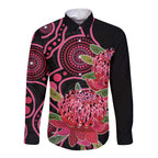 Australia Waratah Long Sleeve Button Shirt Telopea Aussie Native Flowers Indigenous Art - Aussie Hoodie