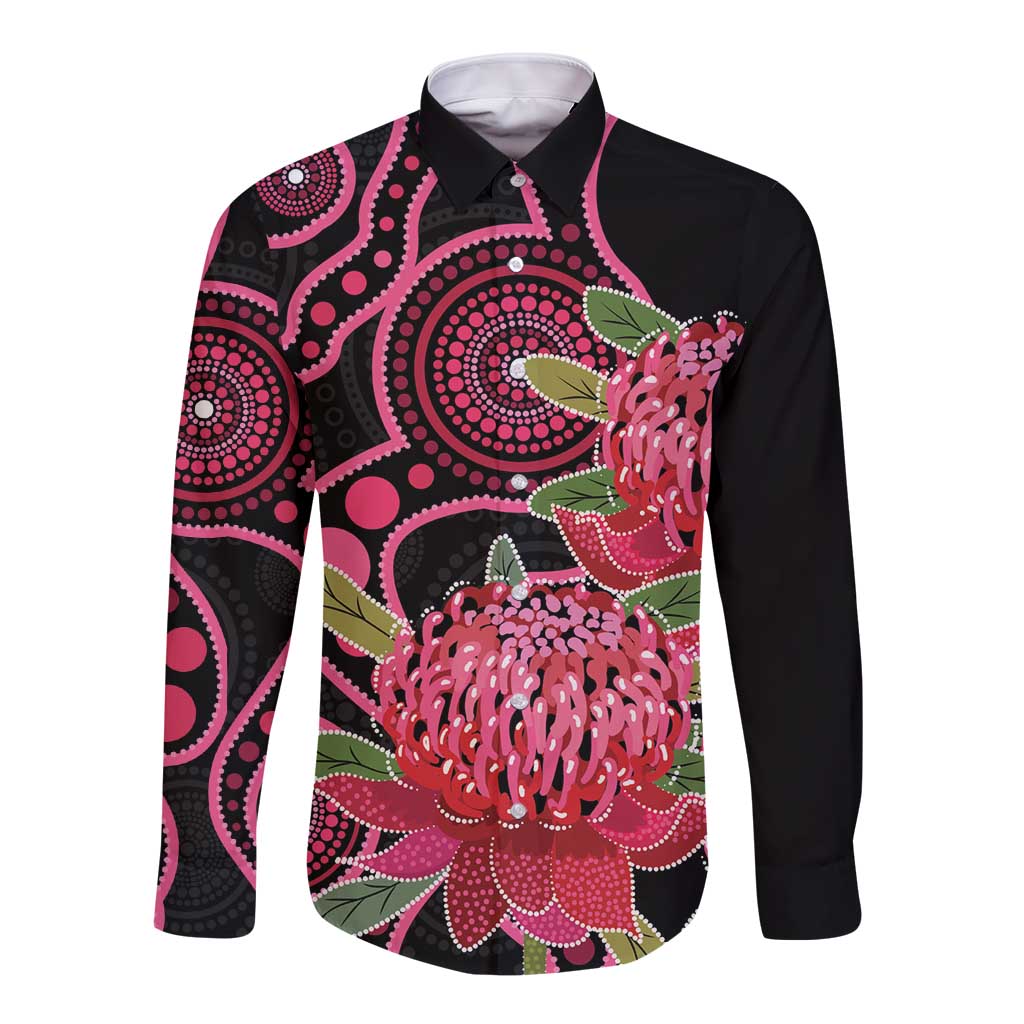 Australia Waratah Long Sleeve Button Shirt Telopea Aussie Native Flowers Indigenous Art - Aussie Hoodie