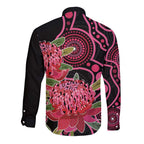 Australia Waratah Long Sleeve Button Shirt Telopea Aussie Native Flowers Indigenous Art - Aussie Hoodie