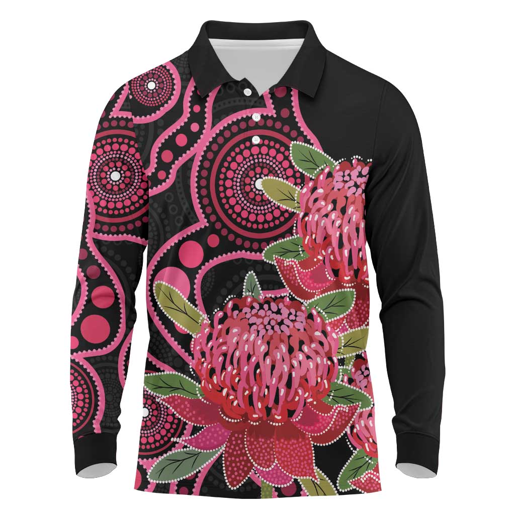 Australia Waratah Long Sleeve Polo Shirt Telopea Aussie Native Flowers Indigenous Art - Aussie Hoodie