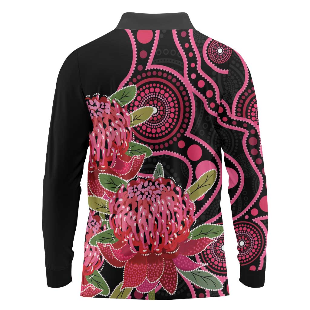 Australia Waratah Long Sleeve Polo Shirt Telopea Aussie Native Flowers Indigenous Art - Aussie Hoodie