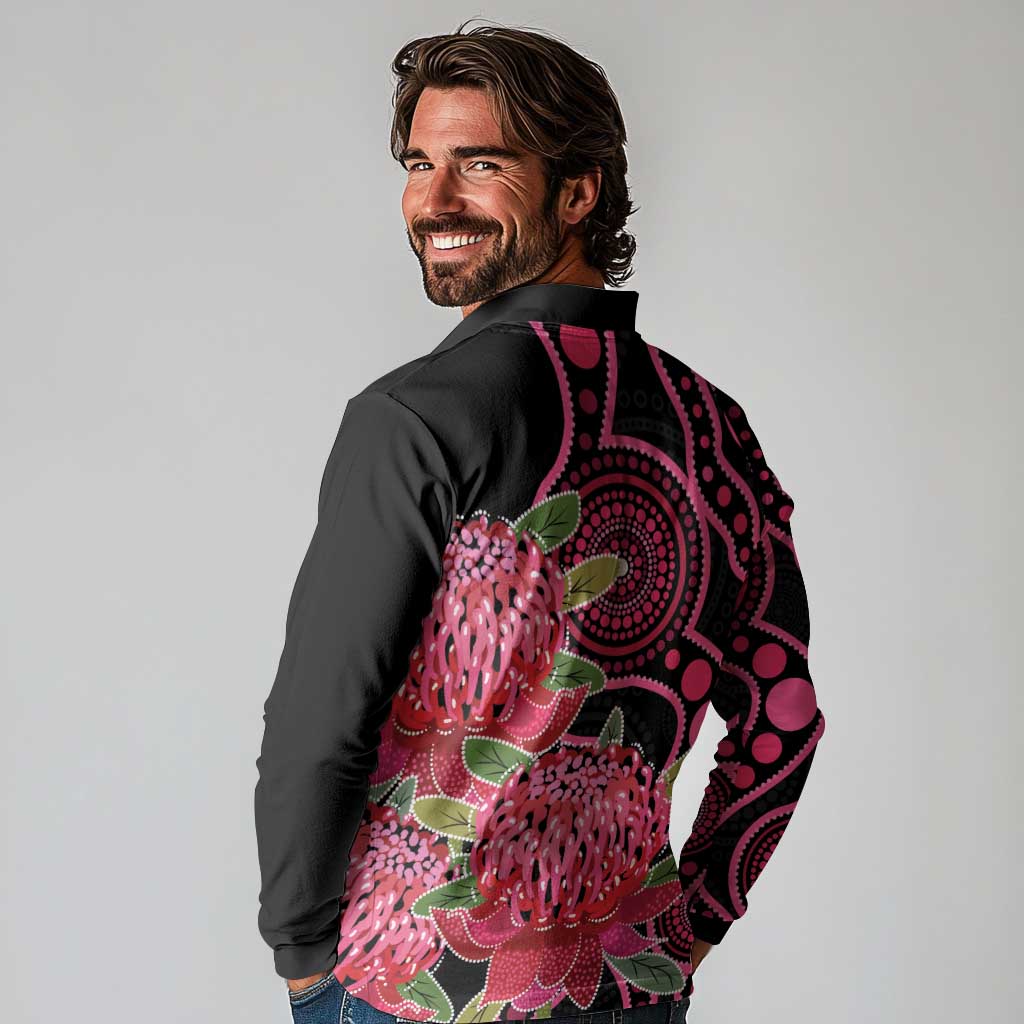 Australia Waratah Long Sleeve Polo Shirt Telopea Aussie Native Flowers Indigenous Art - Aussie Hoodie