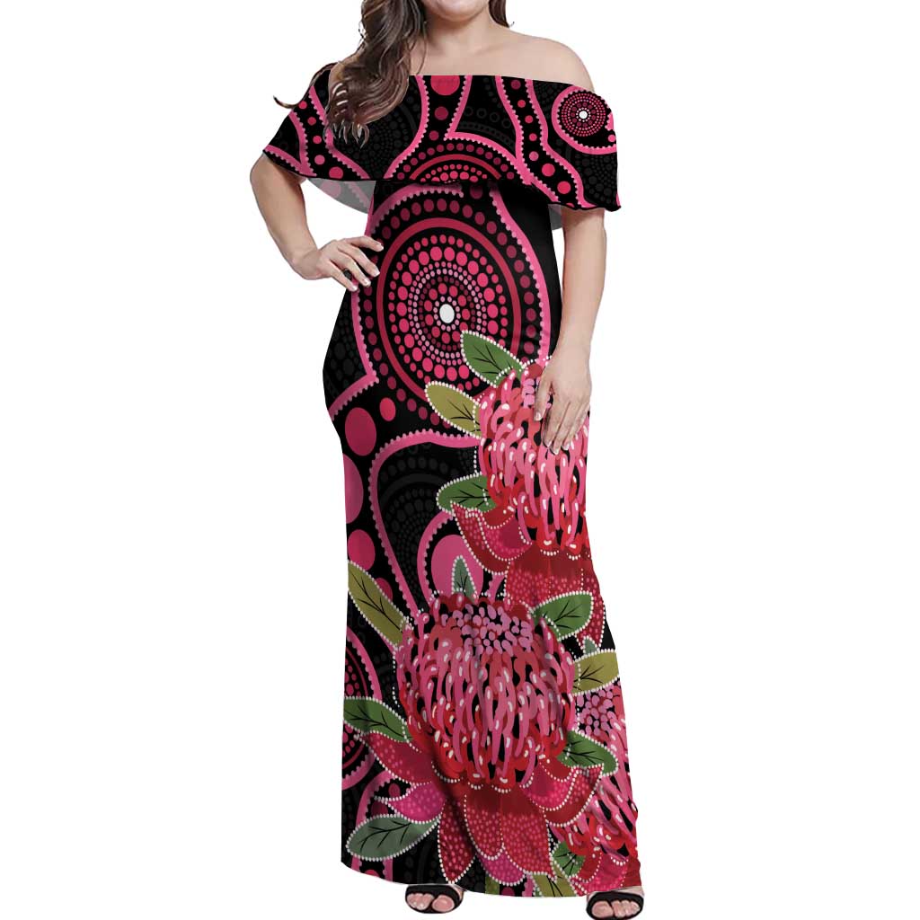 Australia Waratah Off Shoulder Maxi Dress Telopea Aussie Native Flowers Indigenous Art - Aussie Hoodie