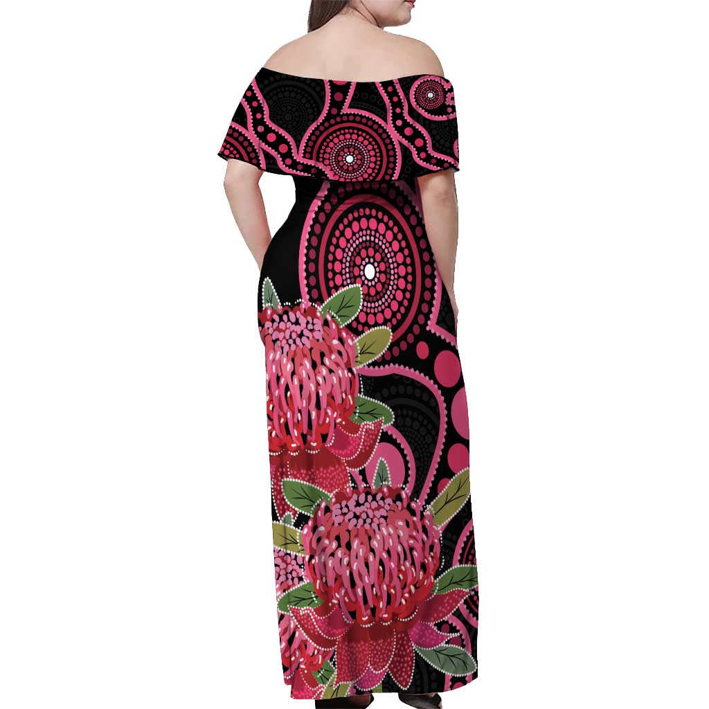 Australia Waratah Off Shoulder Maxi Dress Telopea Aussie Native Flowers Indigenous Art - Aussie Hoodie