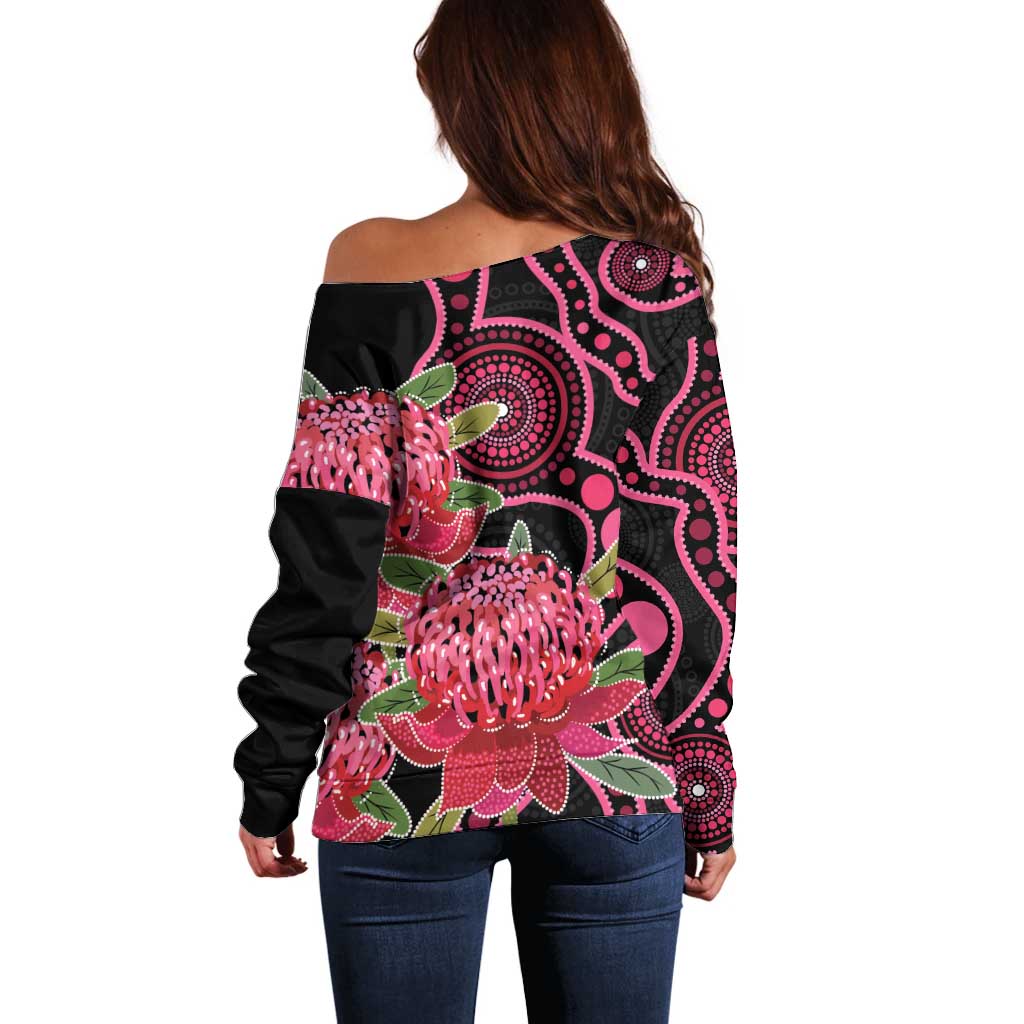 Australia Waratah Off Shoulder Sweater Telopea Aussie Native Flowers Indigenous Art - Aussie Hoodie