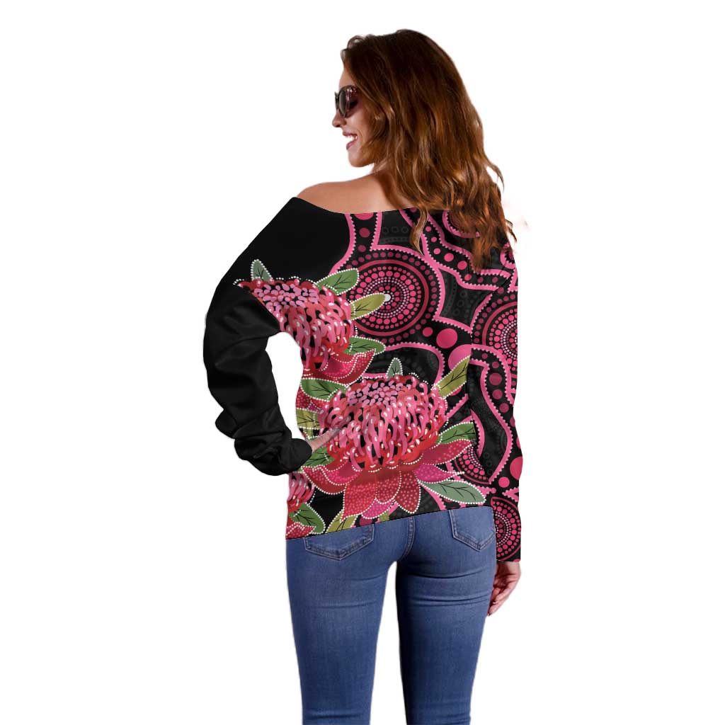 Australia Waratah Off Shoulder Sweater Telopea Aussie Native Flowers Indigenous Art - Aussie Hoodie