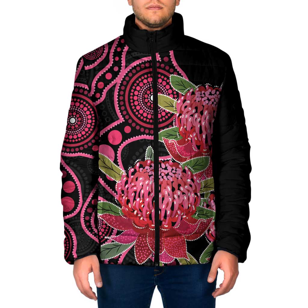 Australia Waratah Padded Jacket Telopea Aussie Native Flowers Indigenous Art - Aussie Hoodie