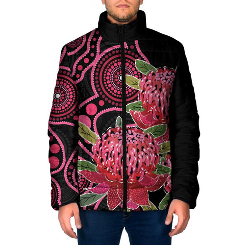 Australia Waratah Padded Jacket Telopea Aussie Native Flowers Indigenous Art - Aussie Hoodie