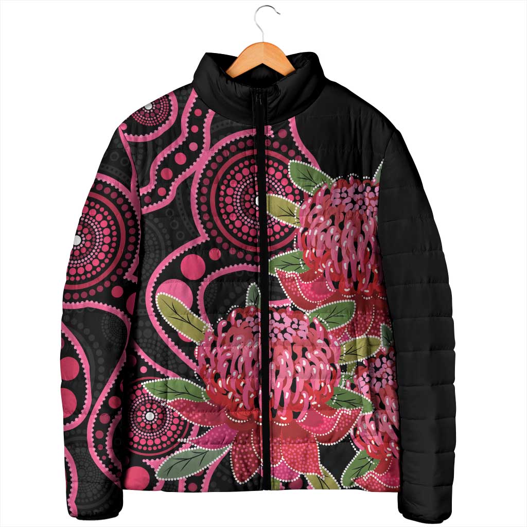 Australia Waratah Padded Jacket Telopea Aussie Native Flowers Indigenous Art - Aussie Hoodie