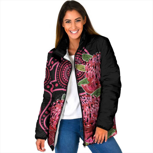 Australia Waratah Padded Jacket Telopea Aussie Native Flowers Indigenous Art - Aussie Hoodie