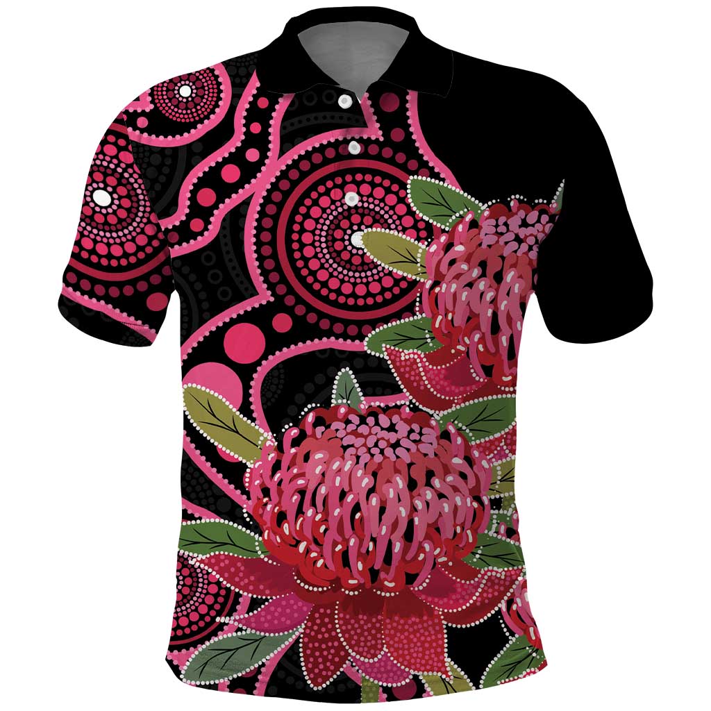 Australia Waratah Polo Shirt Telopea Aussie Native Flowers Indigenous Art - Aussie Hoodie
