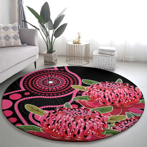 Australia Waratah Round Carpet Telopea Aussie Native Flowers Indigenous Art - Aussie Hoodie