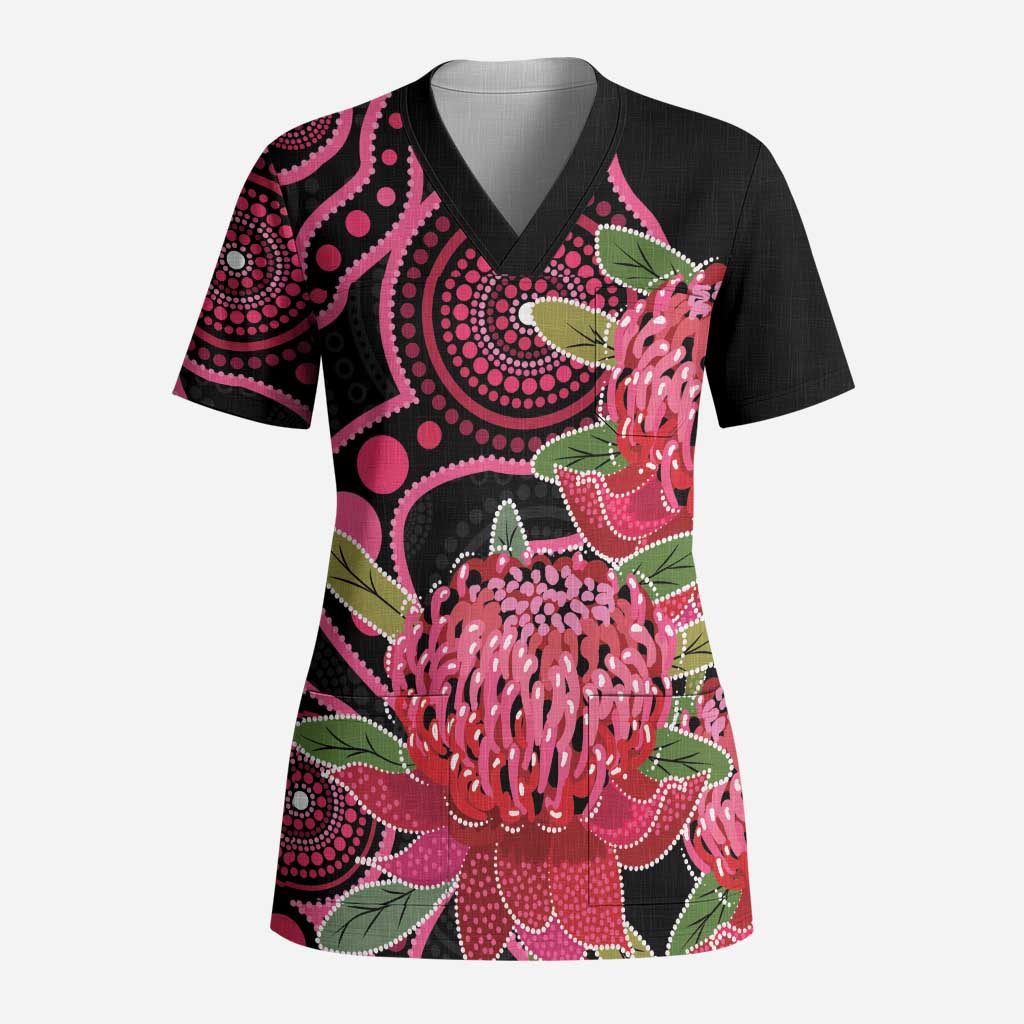 Australia Waratah Scrub Top Telopea Aussie Native Flowers Indigenous Art - Aussie Hoodie