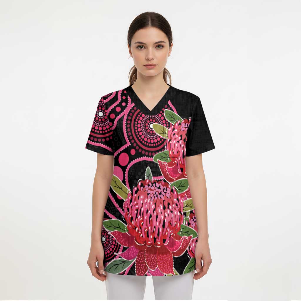 Australia Waratah Scrub Top Telopea Aussie Native Flowers Indigenous Art - Aussie Hoodie