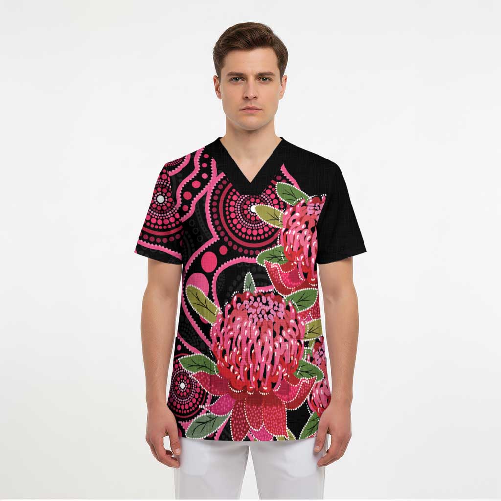 Australia Waratah Scrub Top Telopea Aussie Native Flowers Indigenous Art - Aussie Hoodie