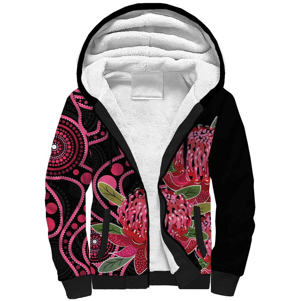 Australia Waratah Sherpa Hoodie Telopea Aussie Native Flowers Indigenous Art - Aussie Hoodie