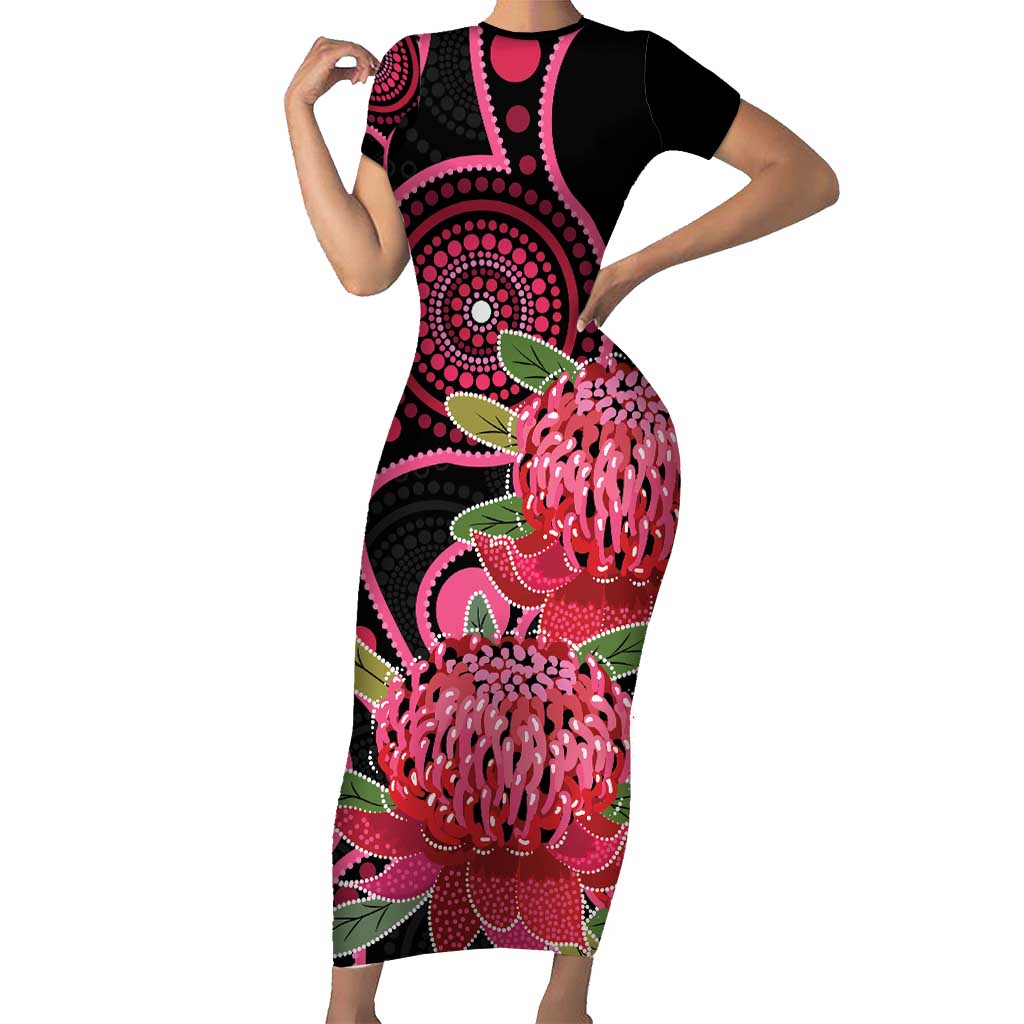 Australia Waratah Short Sleeve Bodycon Dress Telopea Aussie Native Flowers Indigenous Art - Aussie Hoodie