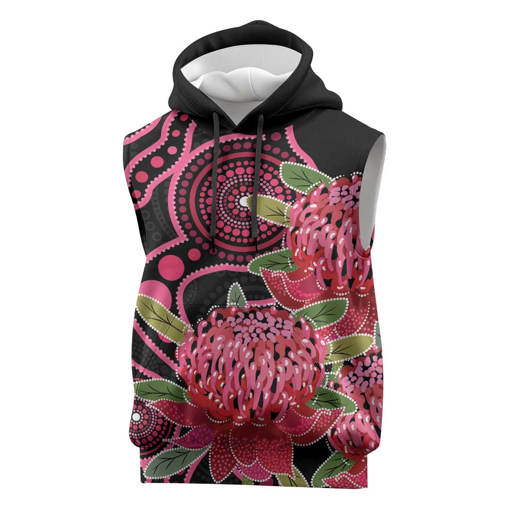 Australia Waratah Sleeveless Hoodie Telopea Aussie Native Flowers Indigenous Art - Aussie Hoodie