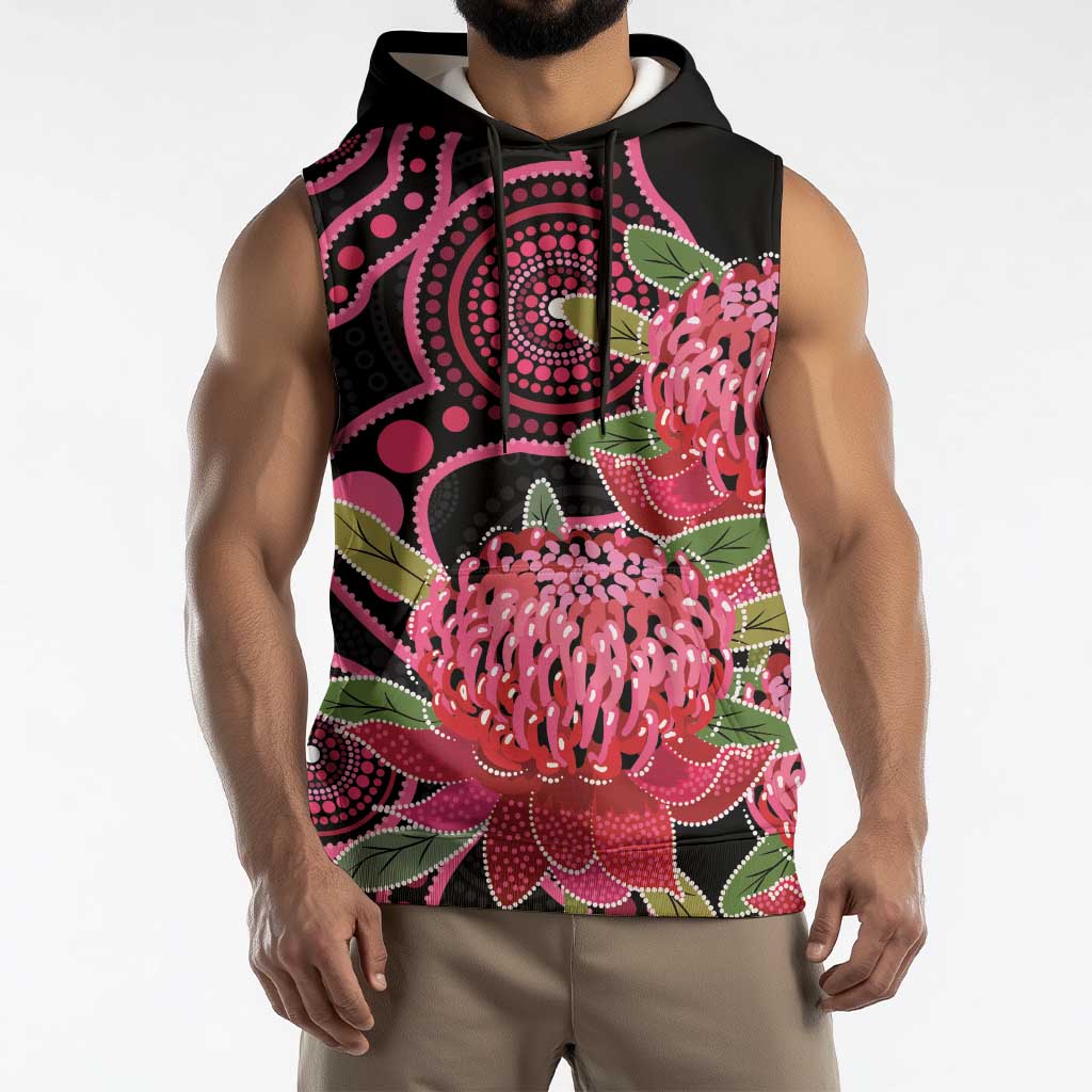 Australia Waratah Sleeveless Hoodie Telopea Aussie Native Flowers Indigenous Art - Aussie Hoodie