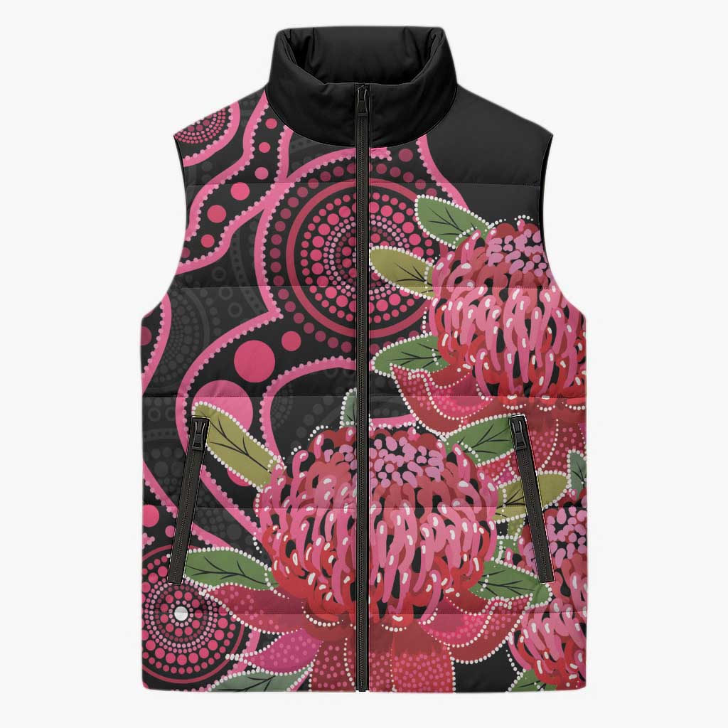 Australia Waratah Sleeveless Puffer Jacket Telopea Aussie Native Flowers Indigenous Art - Aussie Hoodie