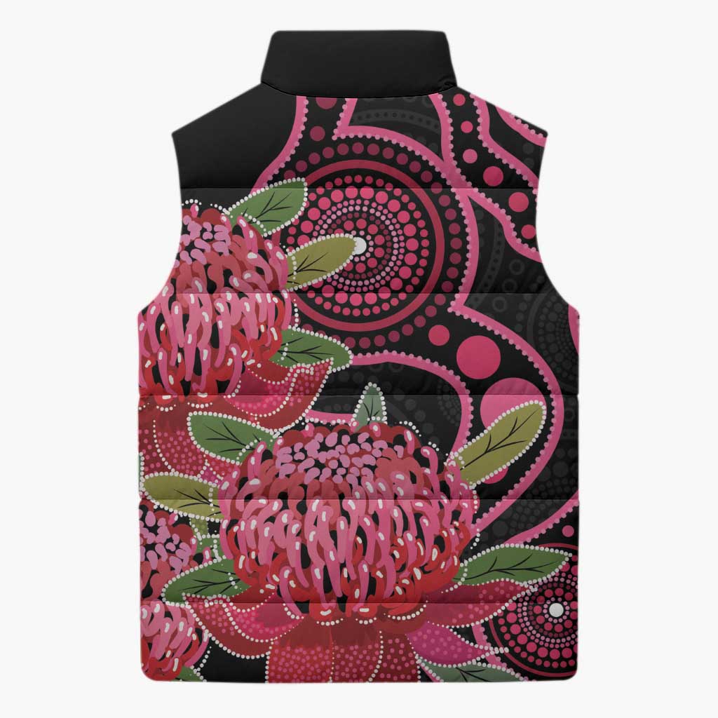 Australia Waratah Sleeveless Puffer Jacket Telopea Aussie Native Flowers Indigenous Art - Aussie Hoodie