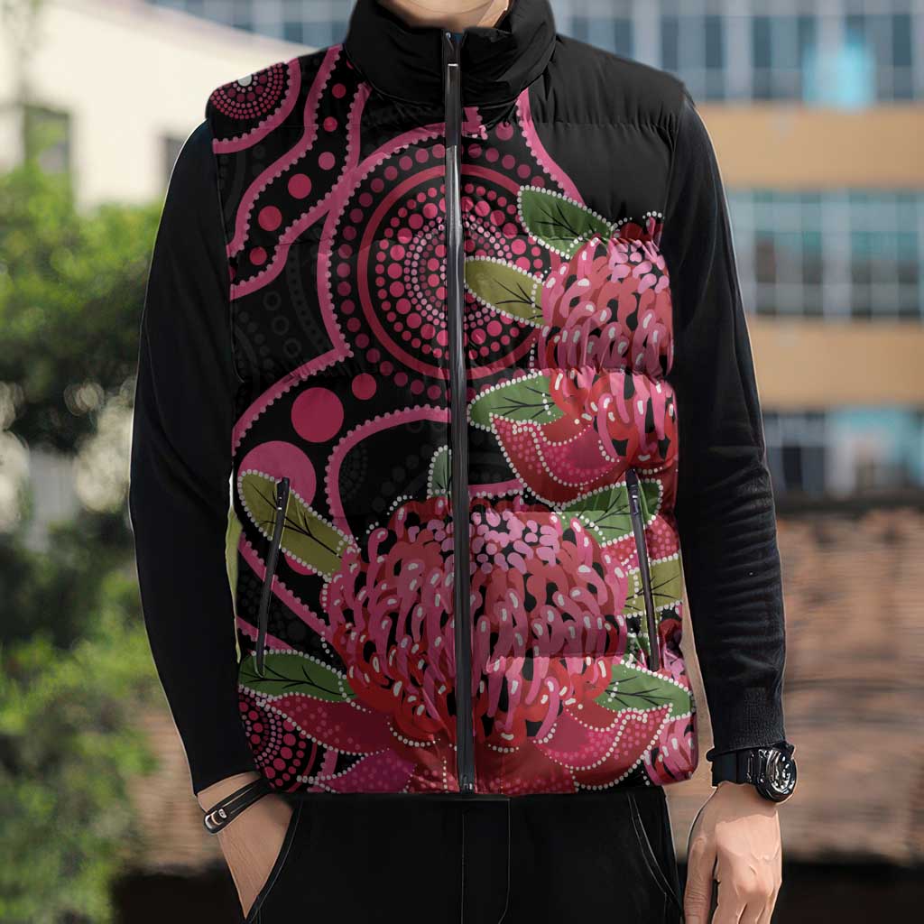 Australia Waratah Sleeveless Puffer Jacket Telopea Aussie Native Flowers Indigenous Art - Aussie Hoodie