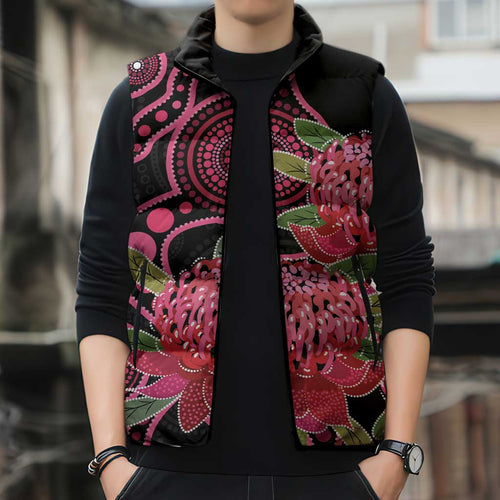 Australia Waratah Sleeveless Puffer Jacket Telopea Aussie Native Flowers Indigenous Art - Aussie Hoodie
