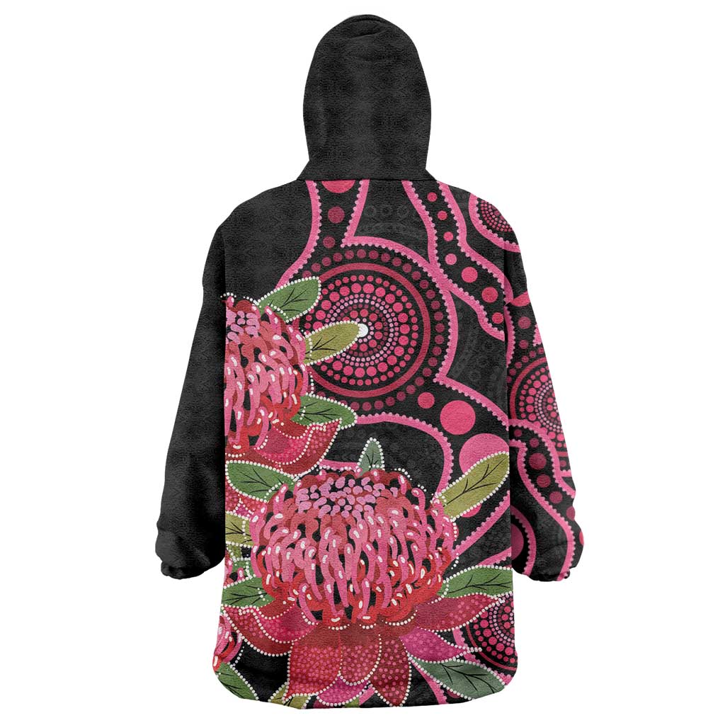 Australia Waratah Wearable Blanket Hoodie Telopea Aussie Native Flowers Indigenous Art - Aussie Hoodie