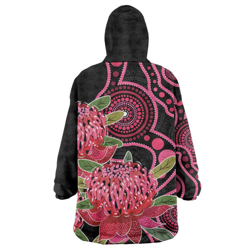 Australia Waratah Wearable Blanket Hoodie Telopea Aussie Native Flowers Indigenous Art - Aussie Hoodie