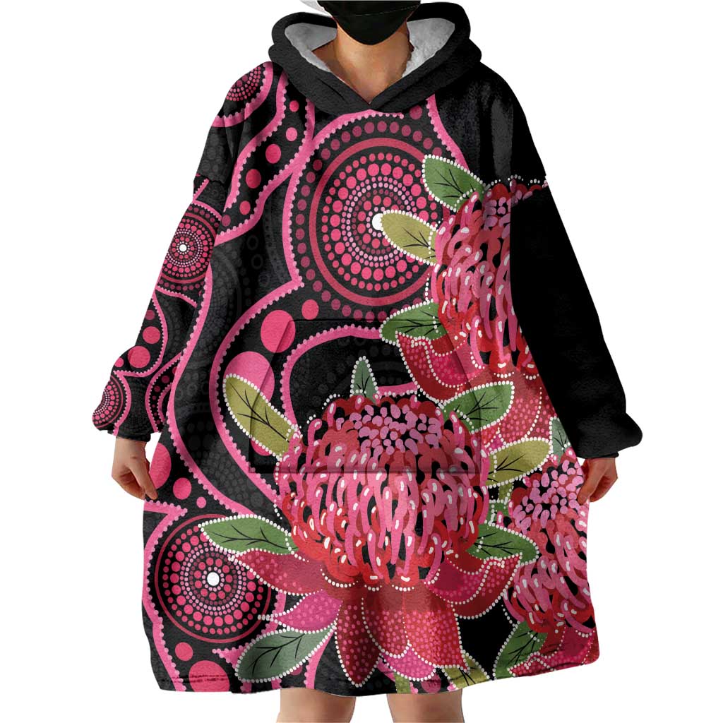 Australia Waratah Wearable Blanket Hoodie Telopea Aussie Native Flowers Indigenous Art - Aussie Hoodie