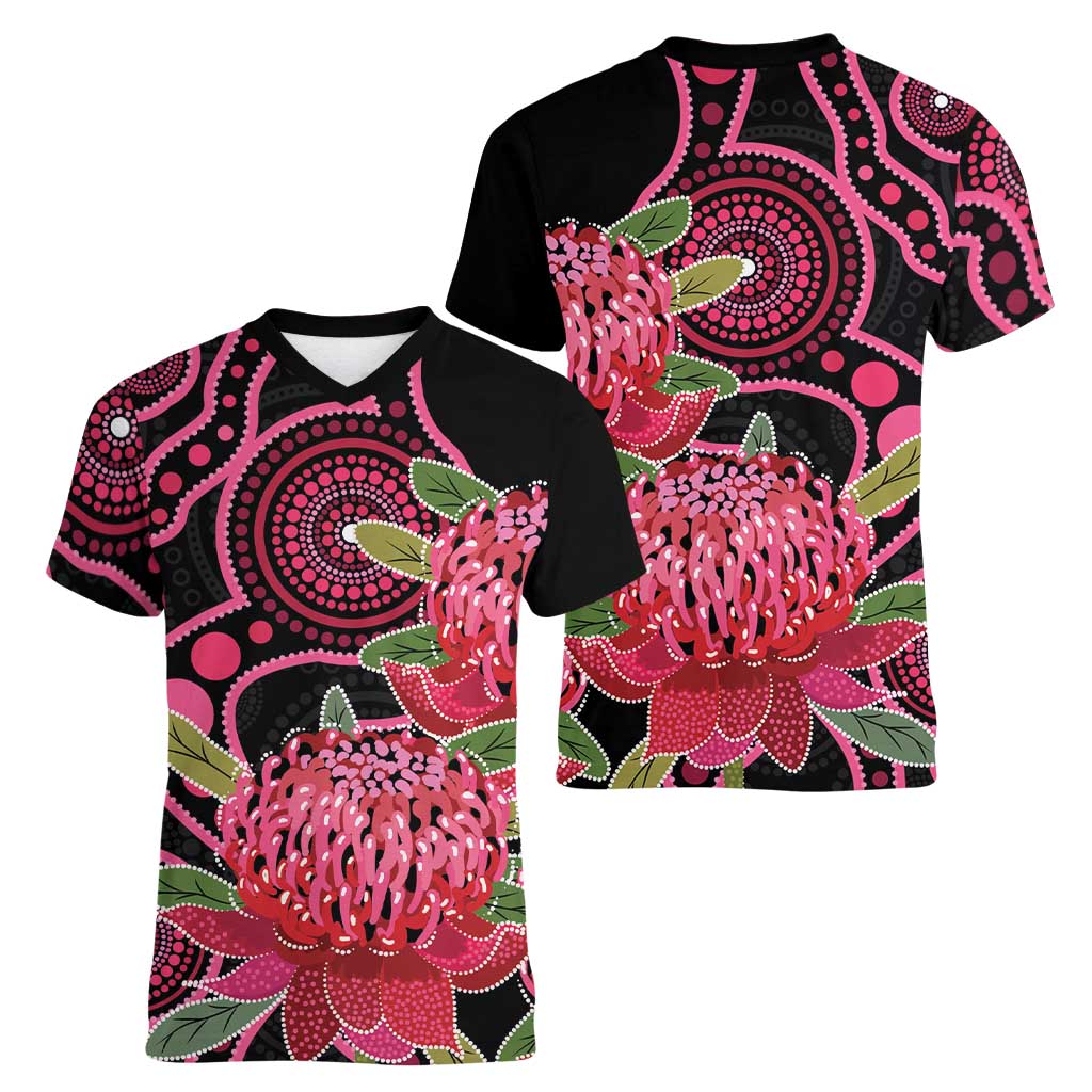 Australia Waratah Women V-Neck T-Shirt Telopea Aussie Native Flowers Indigenous Art - Aussie Hoodie