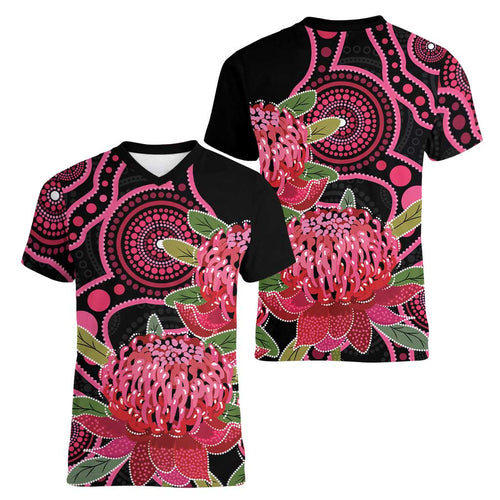 Australia Waratah Women V-Neck T-Shirt Telopea Aussie Native Flowers Indigenous Art - Aussie Hoodie