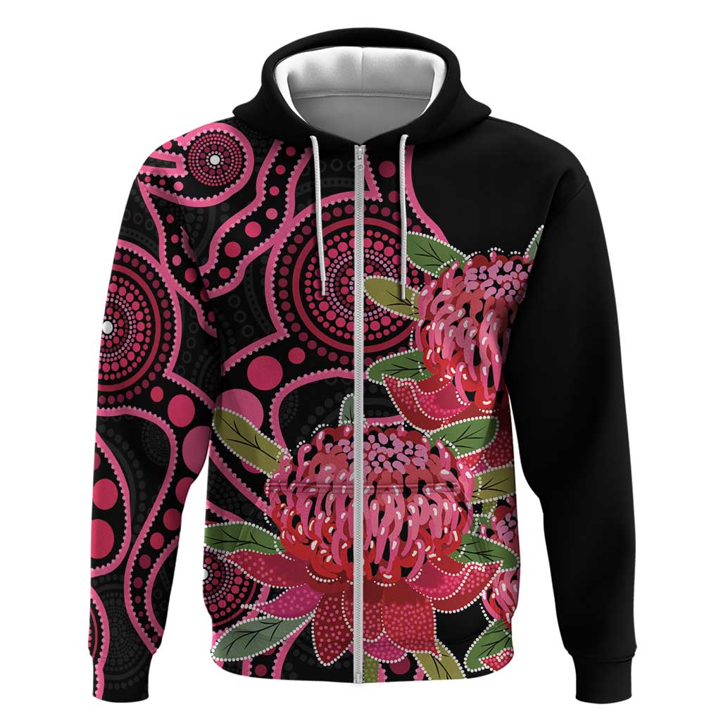 Australia Waratah Zip Hoodie Telopea Aussie Native Flowers Indigenous Art - Aussie Hoodie