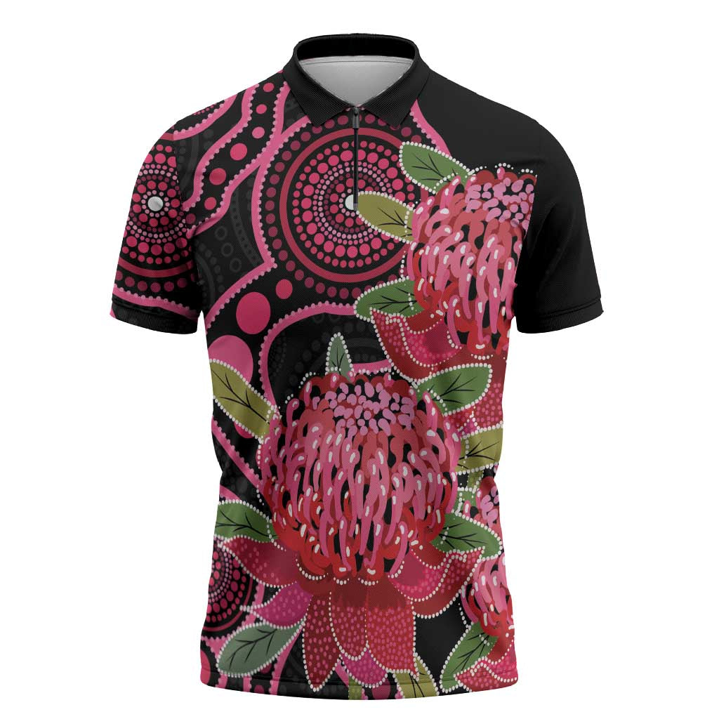 Australia Waratah Zipper Polo Shirt Telopea Aussie Native Flowers Indigenous Art - Aussie Hoodie