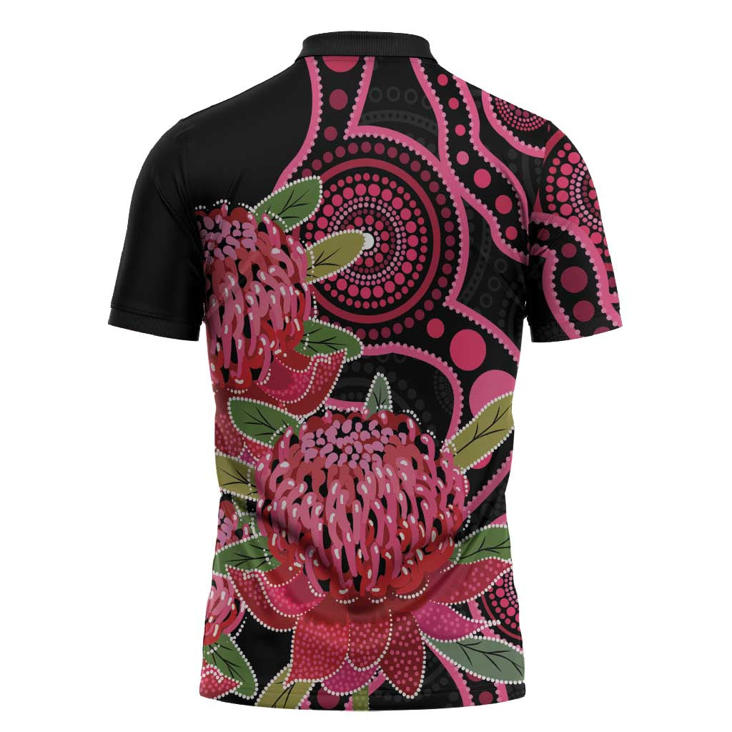 Australia Waratah Zipper Polo Shirt Telopea Aussie Native Flowers Indigenous Art - Aussie Hoodie