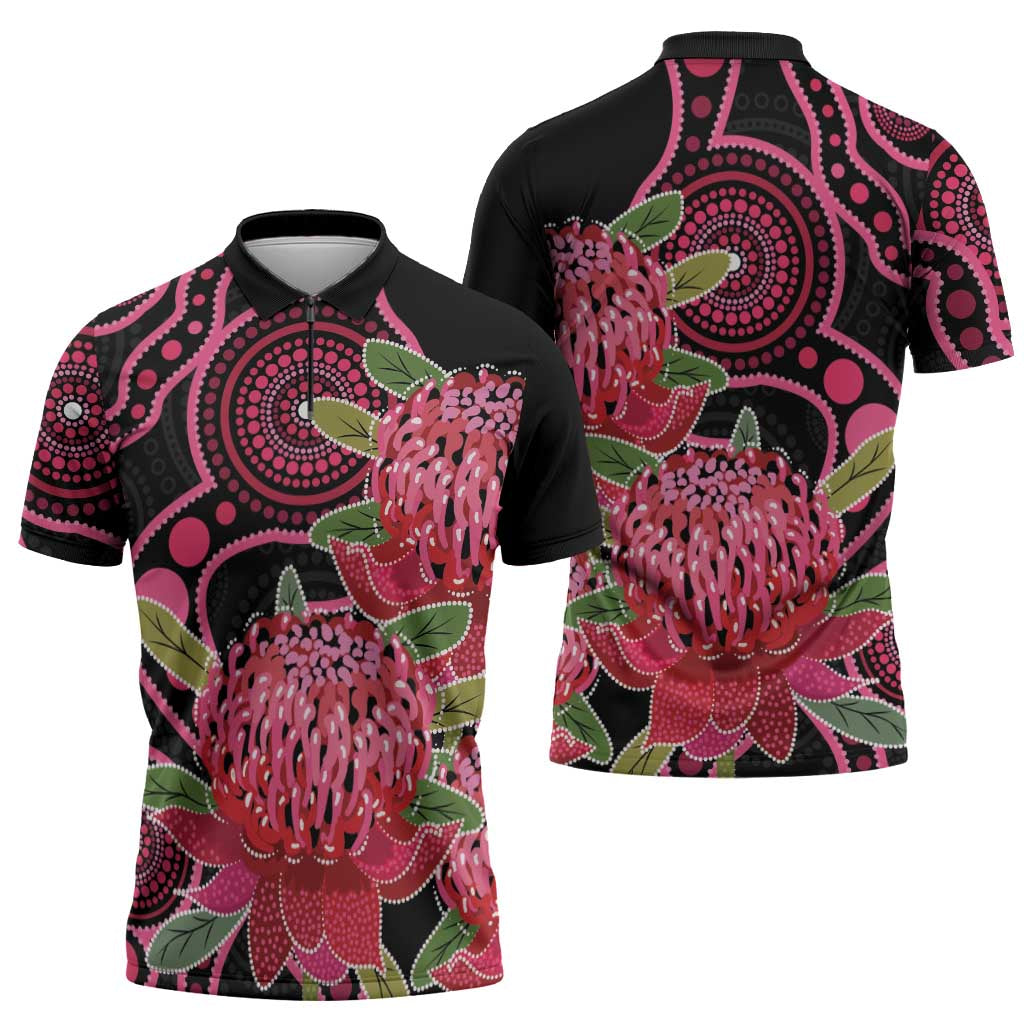 Australia Waratah Zipper Polo Shirt Telopea Aussie Native Flowers Indigenous Art - Aussie Hoodie