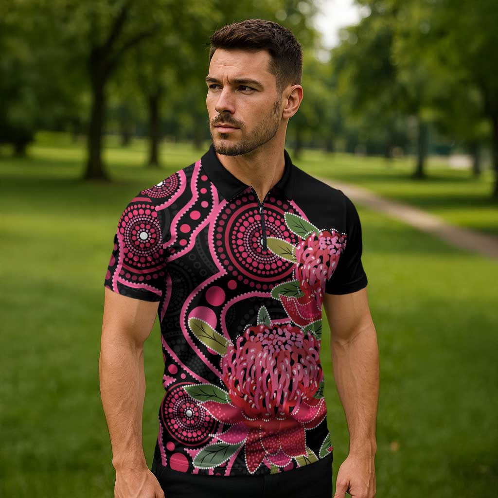 Australia Waratah Zipper Polo Shirt Telopea Aussie Native Flowers Indigenous Art - Aussie Hoodie