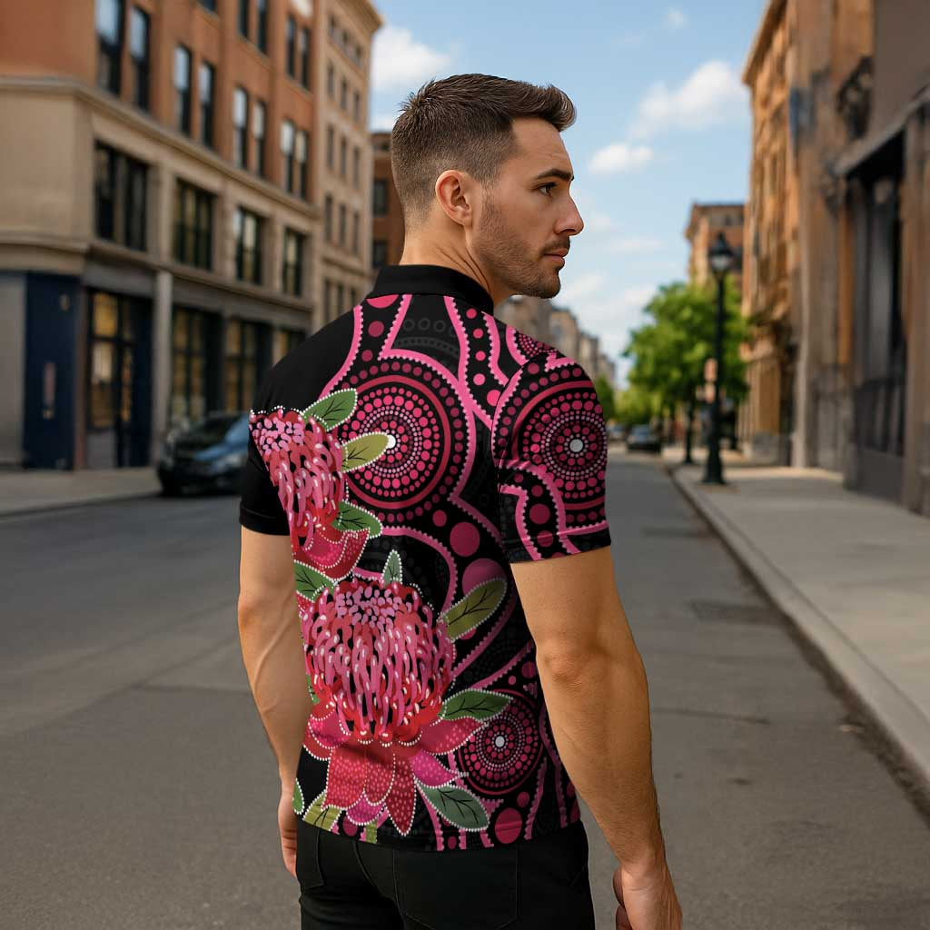 Australia Waratah Zipper Polo Shirt Telopea Aussie Native Flowers Indigenous Art - Aussie Hoodie