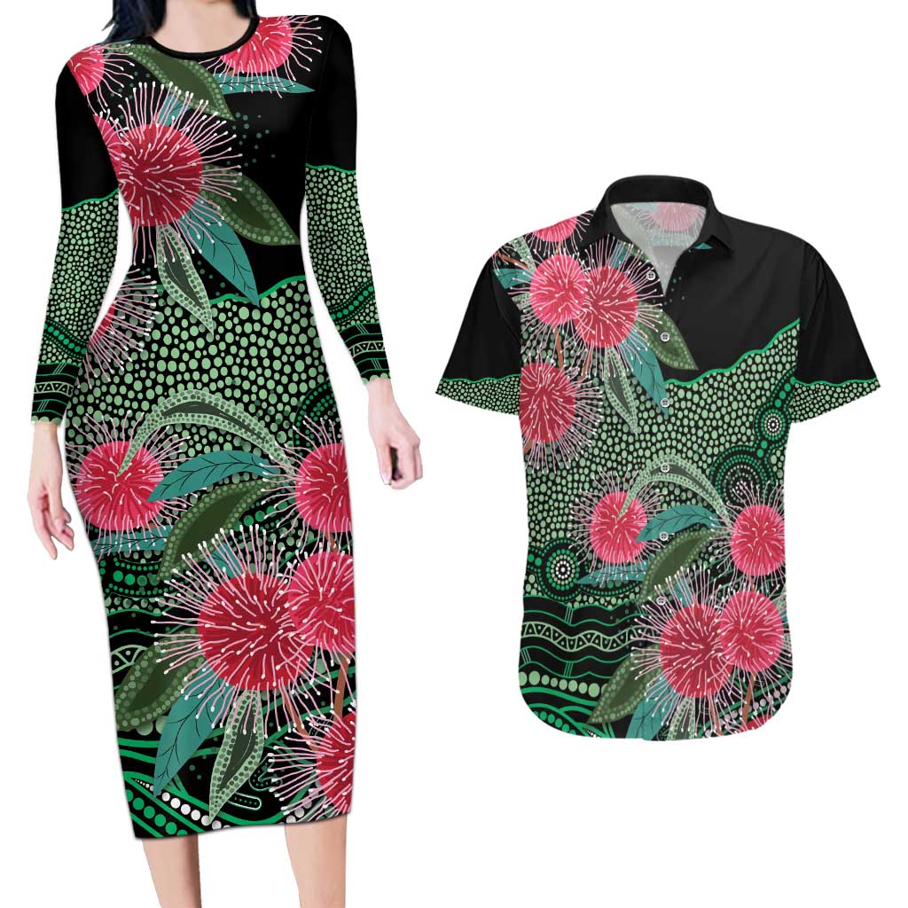 Australia Hakea Couples Matching Long Sleeve Bodycon Dress and Hawaiian Shirt Aussie Native Flowers Indigenous Art - Aussie Hoodie