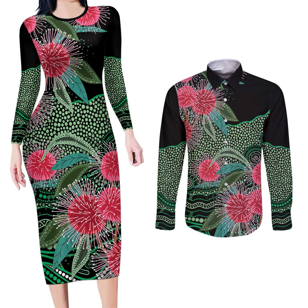 Australia Hakea Couples Matching Long Sleeve Bodycon Dress and Long Sleeve Button Shirt Aussie Native Flowers Indigenous Art - Aussie Hoodie