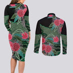 Australia Hakea Couples Matching Long Sleeve Bodycon Dress and Long Sleeve Button Shirt Aussie Native Flowers Indigenous Art - Aussie Hoodie
