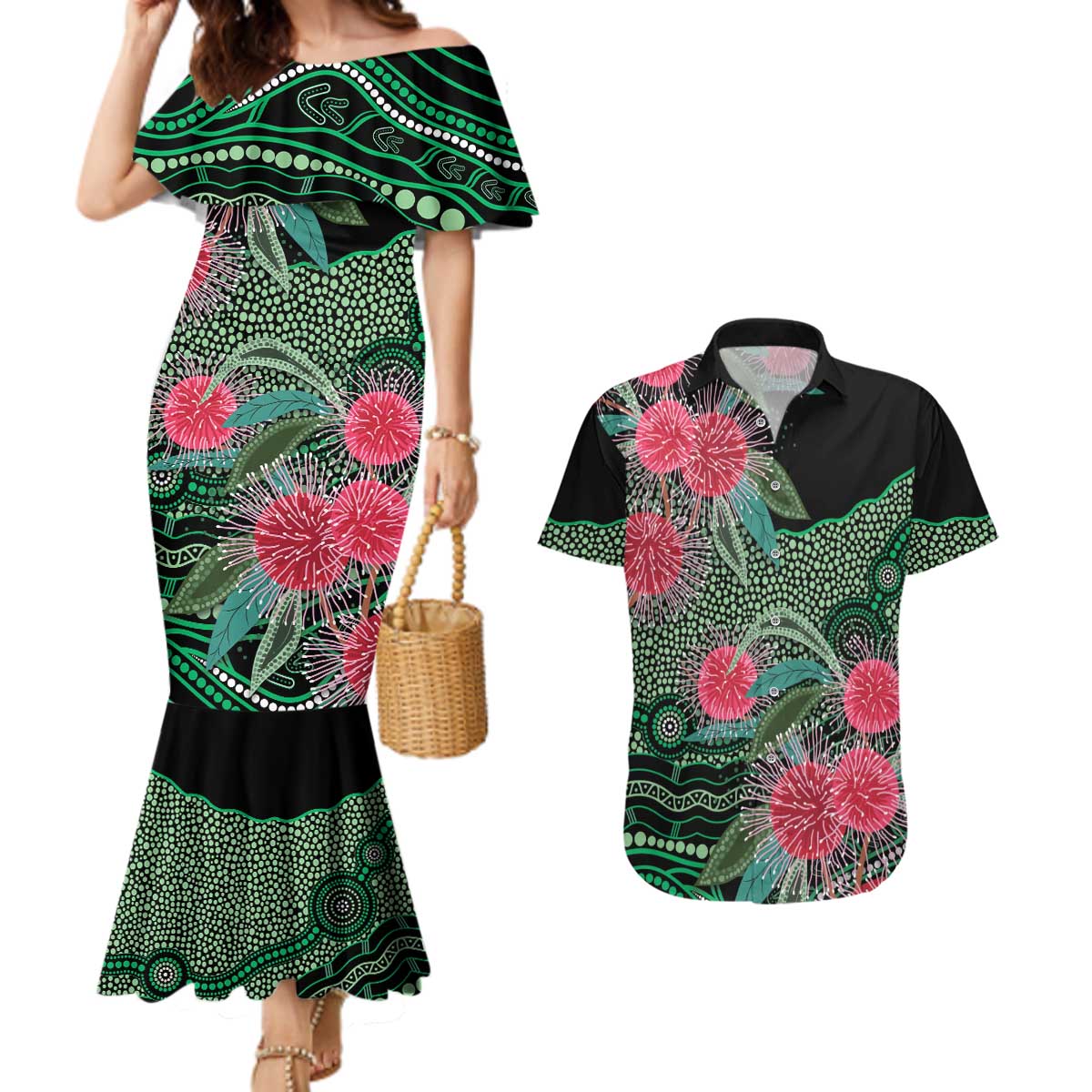Australia Hakea Couples Matching Mermaid Dress and Hawaiian Shirt Aussie Native Flowers Indigenous Art - Aussie Hoodie