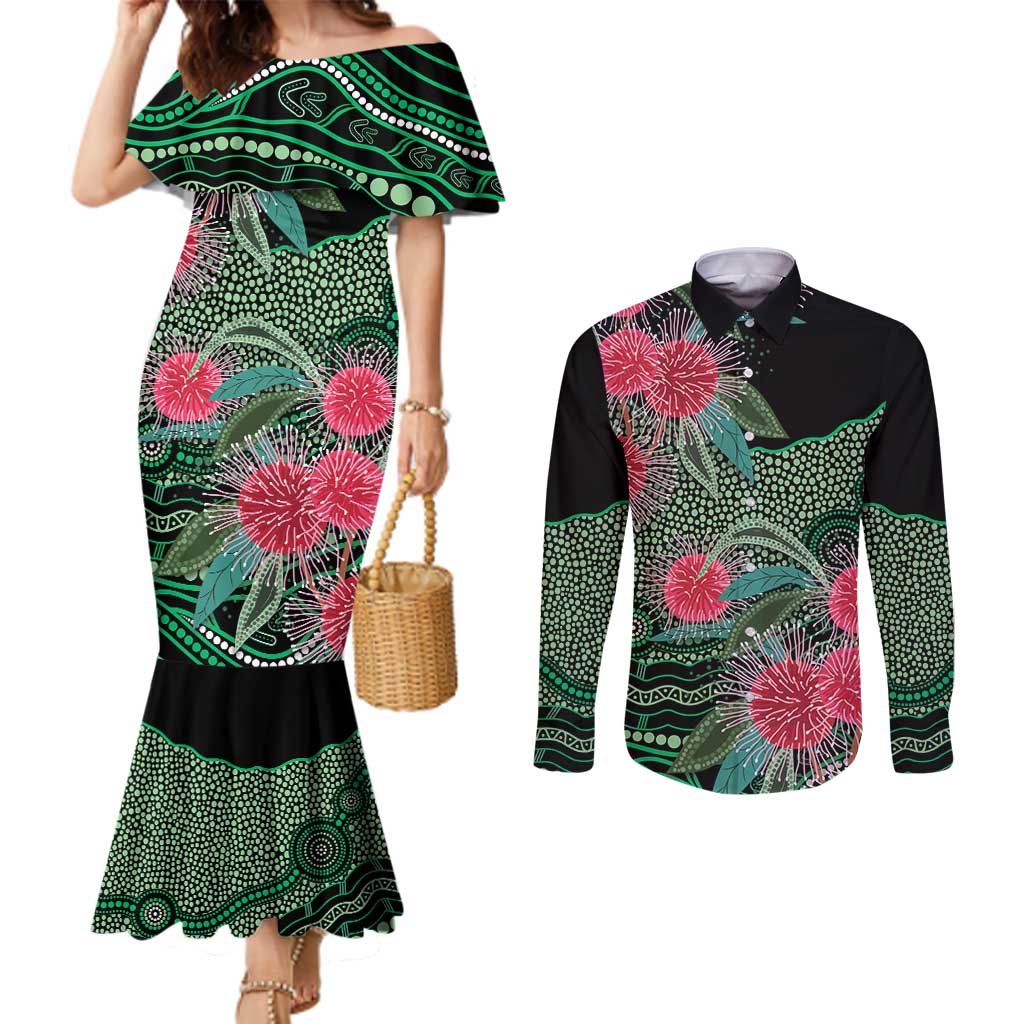Australia Hakea Couples Matching Mermaid Dress and Long Sleeve Button Shirt Aussie Native Flowers Indigenous Art - Aussie Hoodie