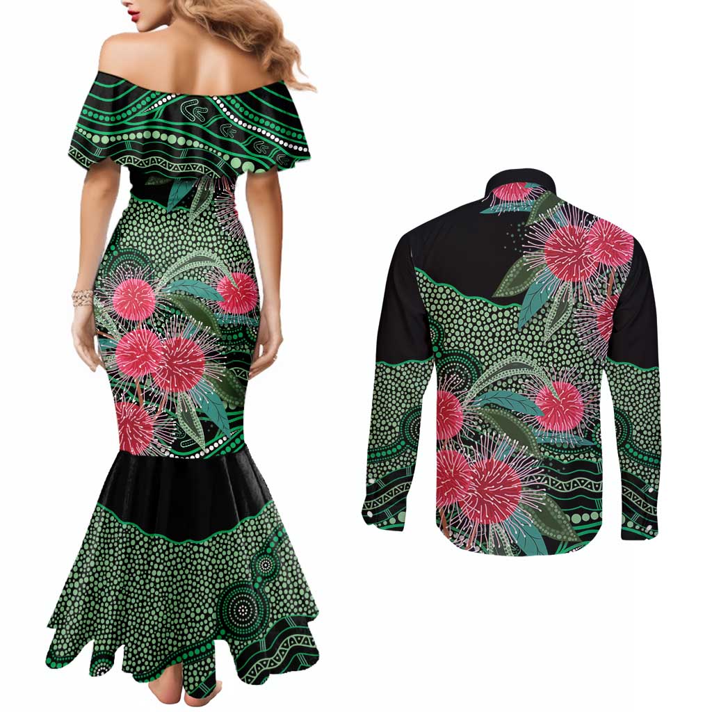 Australia Hakea Couples Matching Mermaid Dress and Long Sleeve Button Shirt Aussie Native Flowers Indigenous Art - Aussie Hoodie
